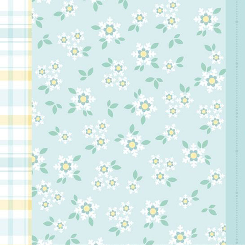 Large border stripe featuring soft blues and yellows with florals and plaids.