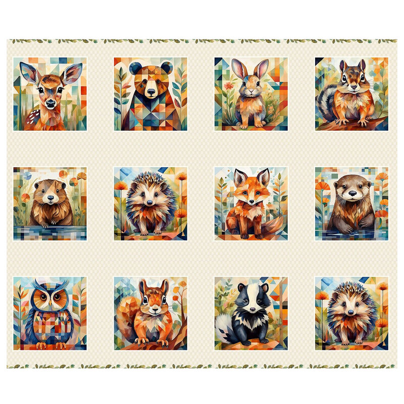 Beige checkered fabric with square panels of geometric-styled woodland animals, with leaf garland borders