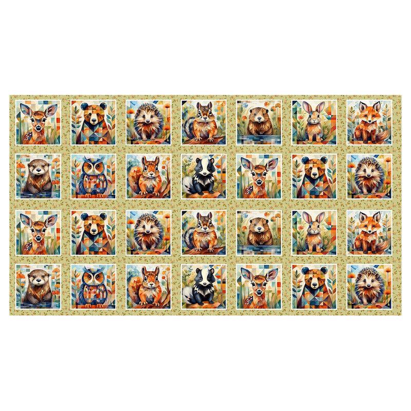 square panels filled with geometric-styled woodland animals on a leaf printed, lemongrass background.