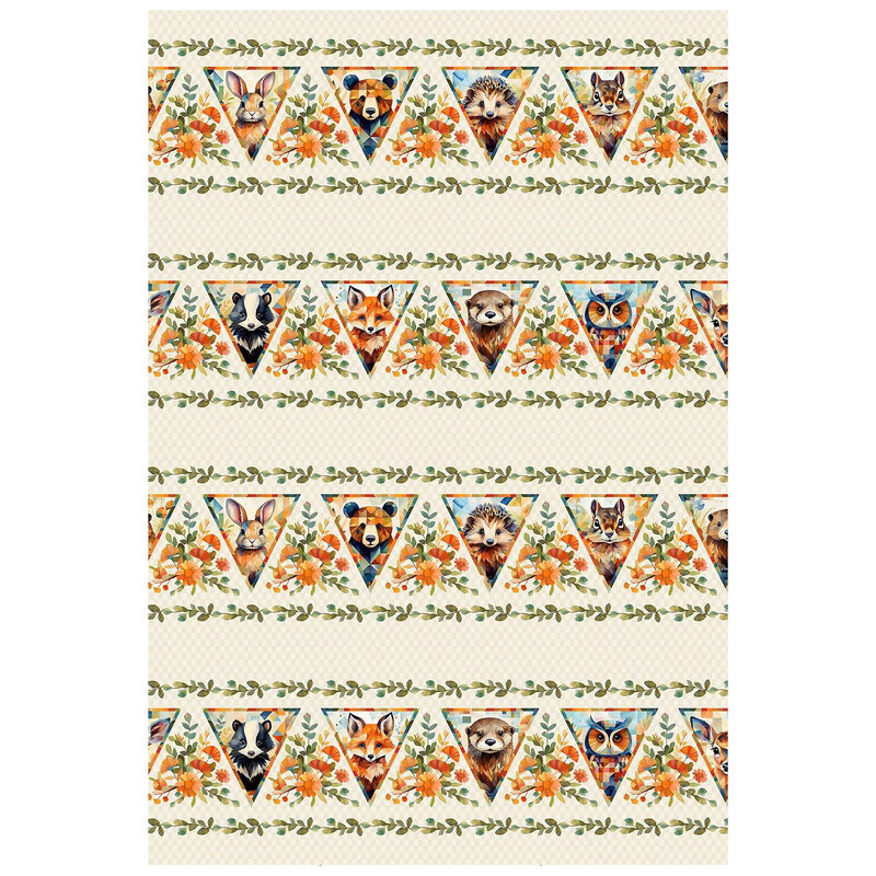 beige checkered border fabric featuring rows of leaf garlands, floral bouquets, and triangle shapes filled with woodland animals