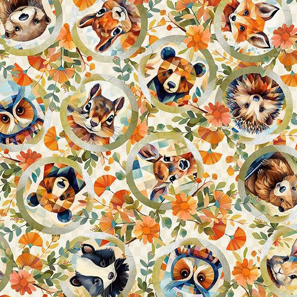 checkered beige fabric layered with stylized floral bouquets and rings filled with geometric woodland animals