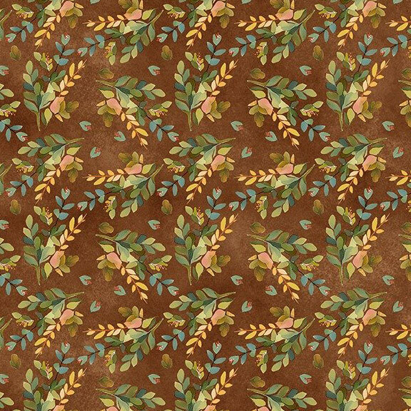 leafy sprigs and stems on a mottled chocolate background.