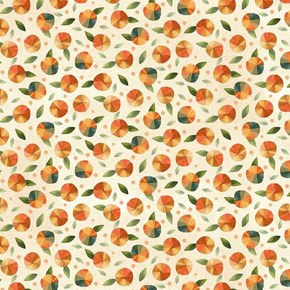 orange stylized flowers, tossed leaves, and dotted accents on a mottled cream background