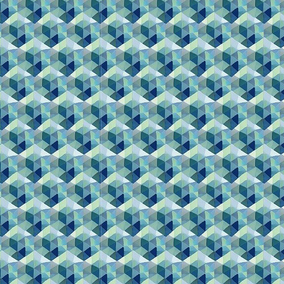 teal blue fabric featuring a repeating pattern of geometric hexagons.