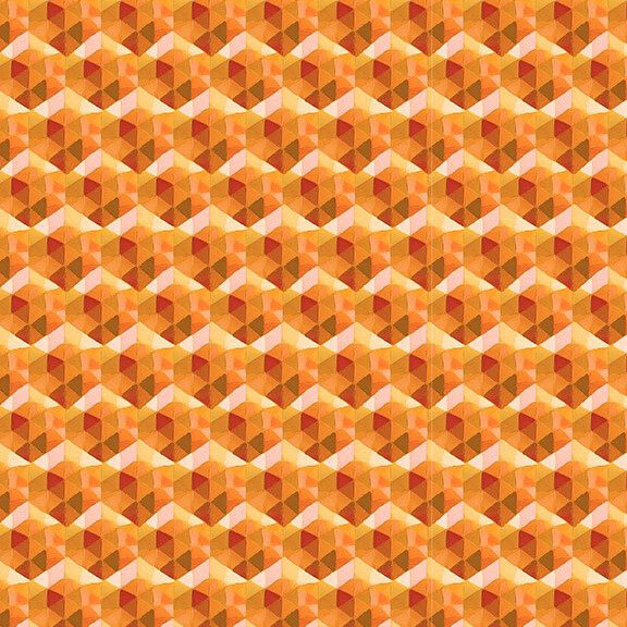 red-orange fabric featuring a repeating pattern of geometric hexagons.