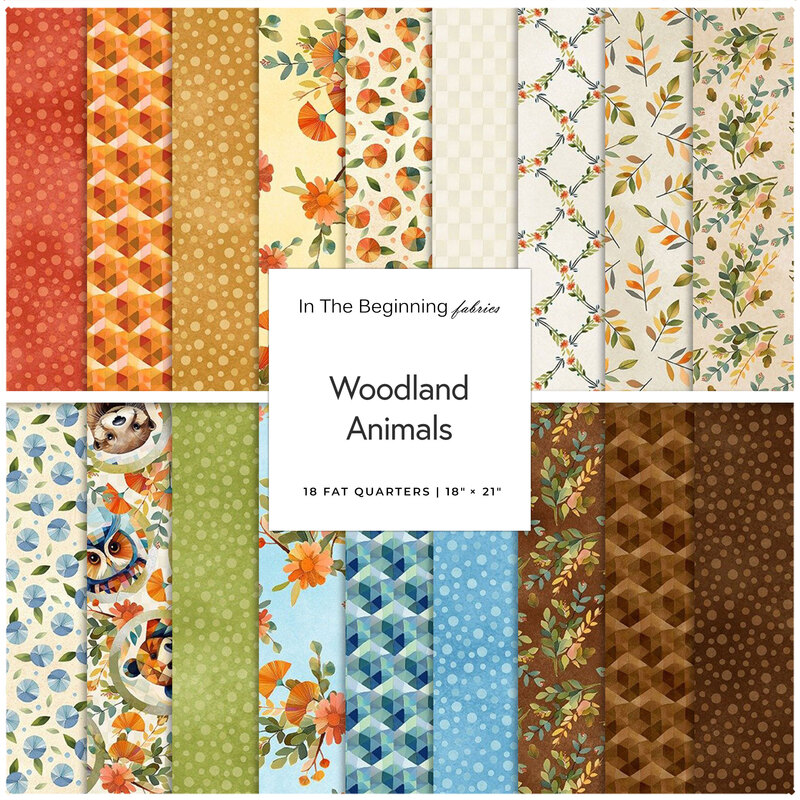 Square collage of fabrics from the Woodland animal collection featuring geometric, animal, leaf, and dotted prints,