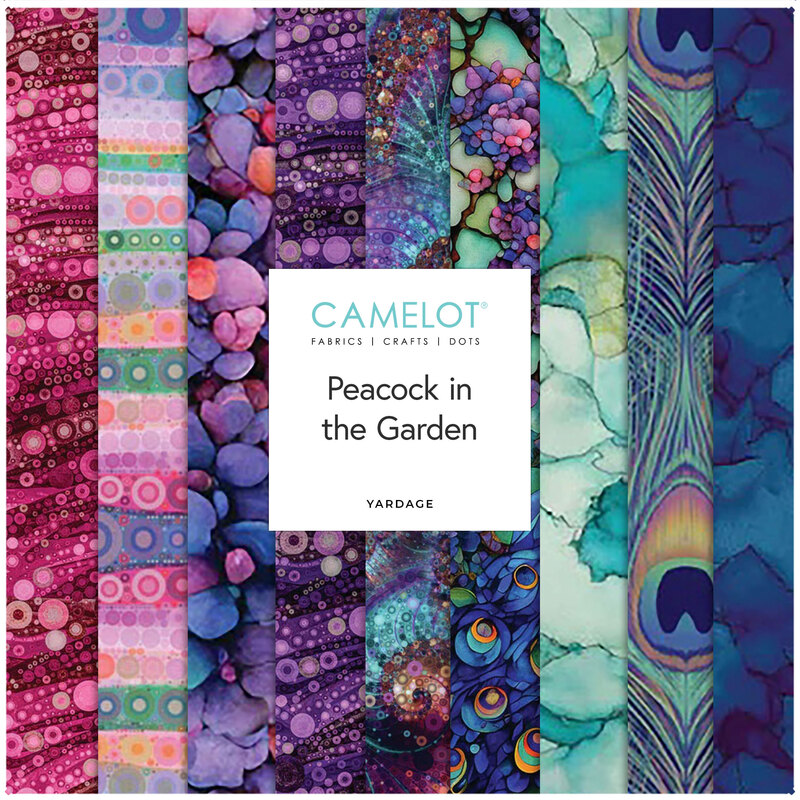 Collage of fabrics from the Peacock in the Garden collection featuring circles and dots, watercolors, and peacock prints.