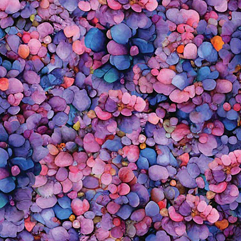 packed floral petal pattern in hues of purple, pink, and blue with pops of coral and orange throughout.