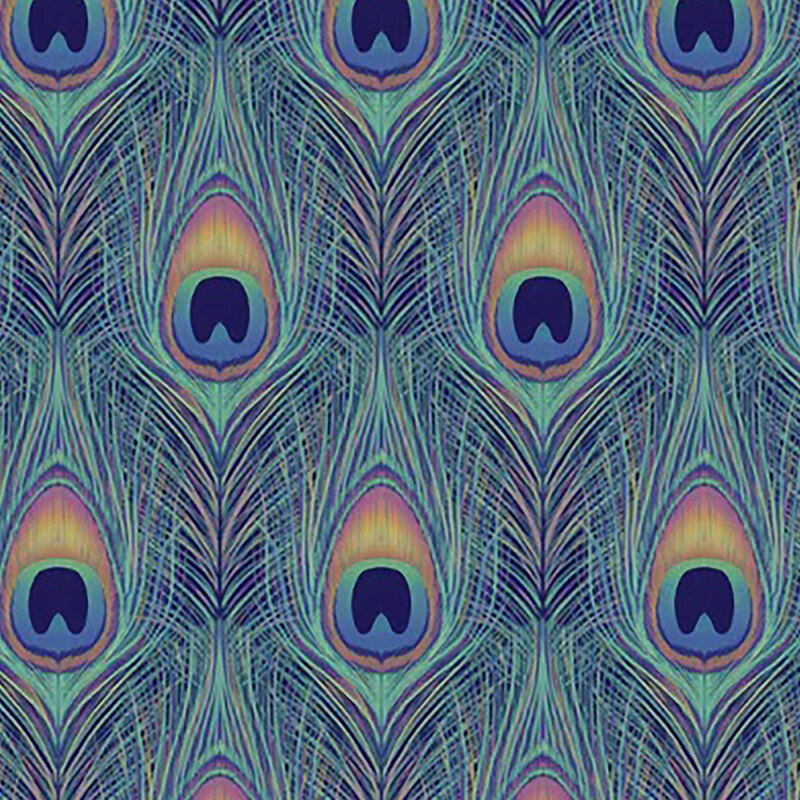 repeating aqua peacock feathers on a royal blue background
