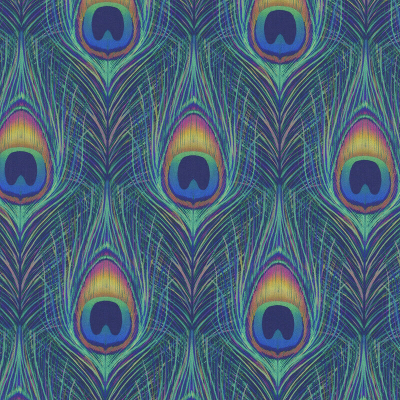 repeating aqua peacock feathers on a royal blue background