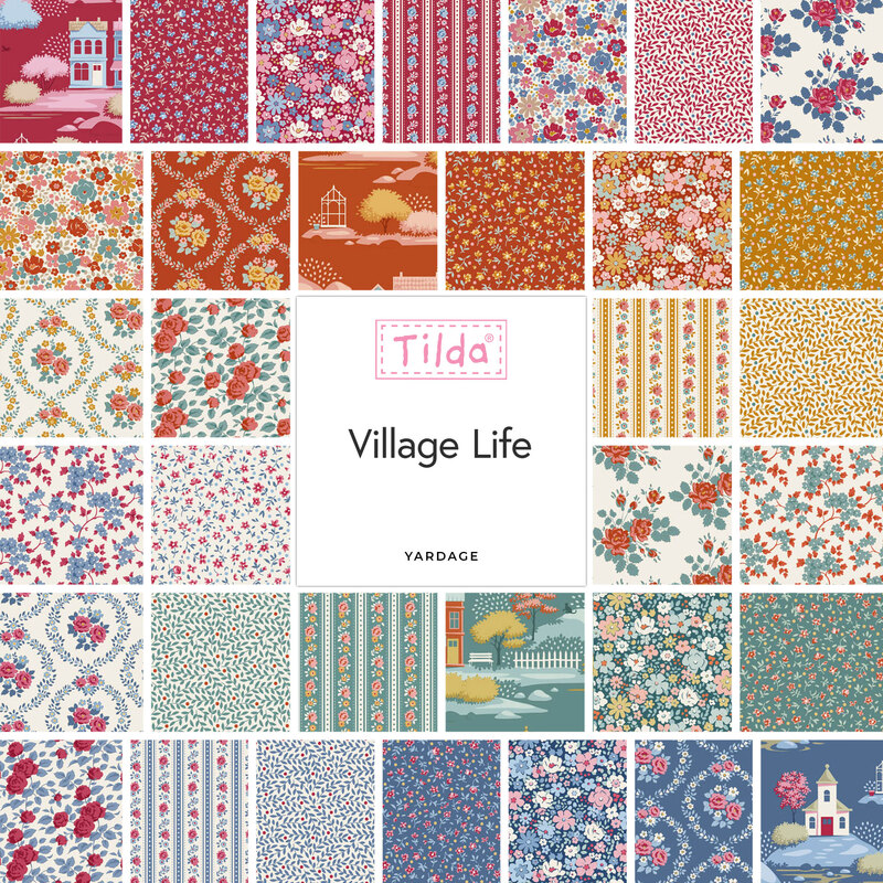 A fabric collage featuring colorful floral fabrics from the Village Life collection by Tilda. 