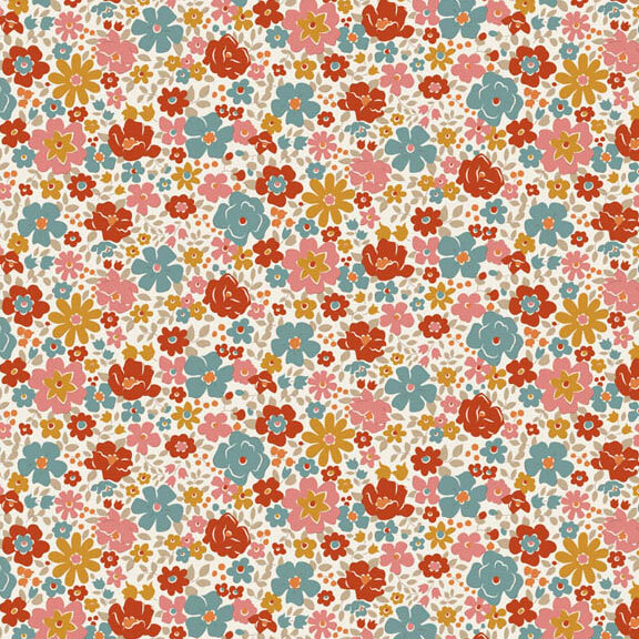 This cream fabric features packed florals in lovely shades of pink, teal, rust, and ochre. 