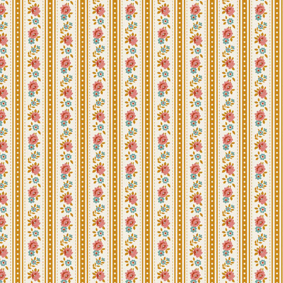 This white and ocher striped fabric features rows of rust red and blue flowers. 