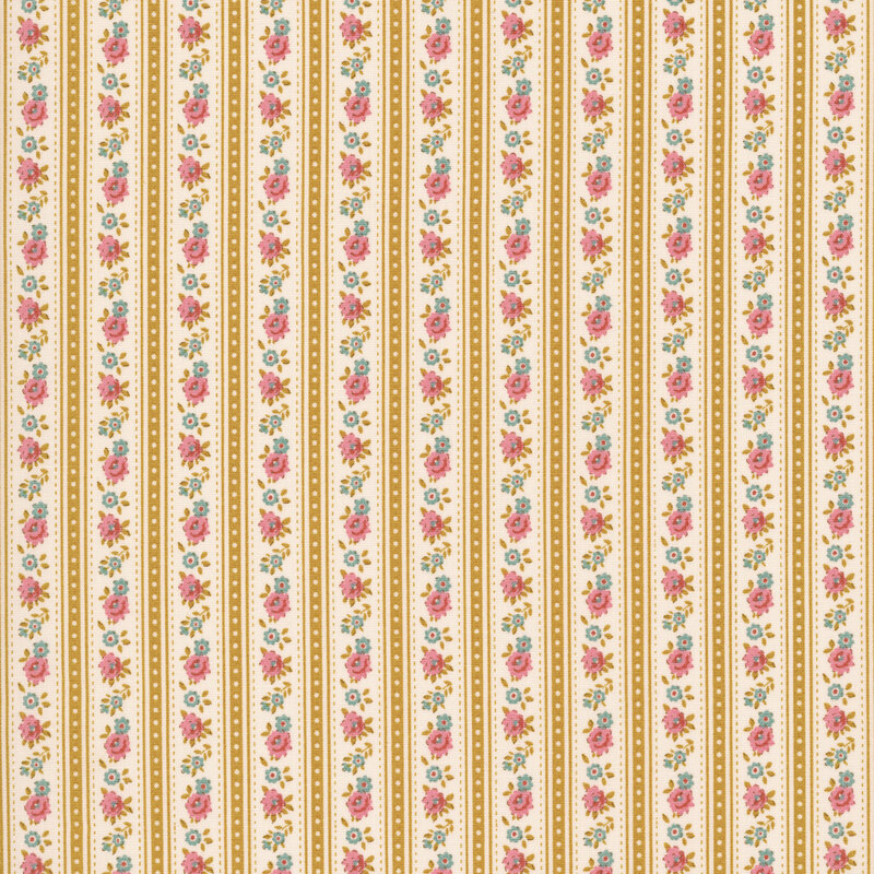 This white and ocher striped fabric features rows of rust red and blue flowers. 