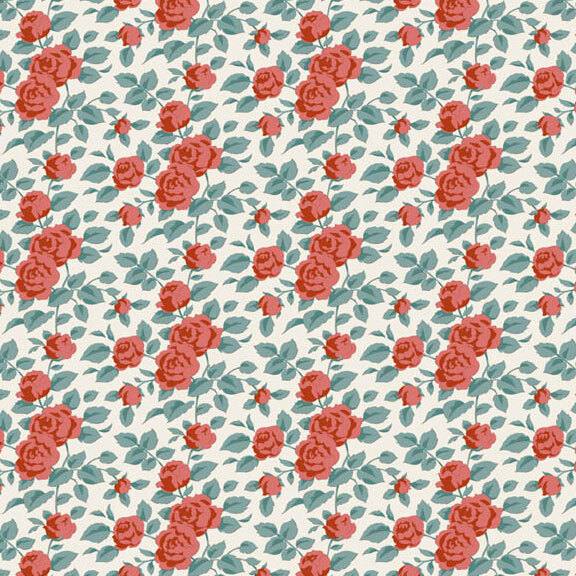 This white fabric features scattered rust red roses with faded teal leaves. 