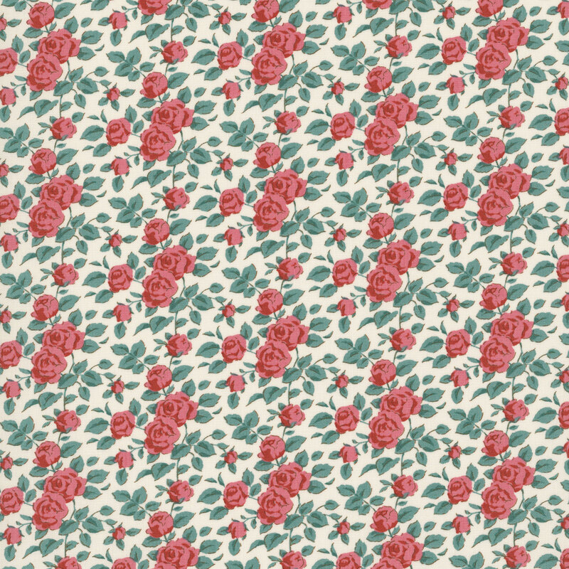 This white fabric features scattered rust red roses with faded teal leaves. 