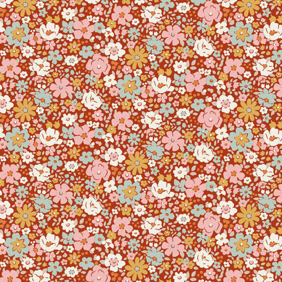 This rust orange fabric features packed florals in lovely shades of pink, teal, white, and ochre. 