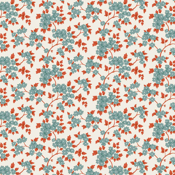 This white fabric features tossed teal flowers with rust leaves. 