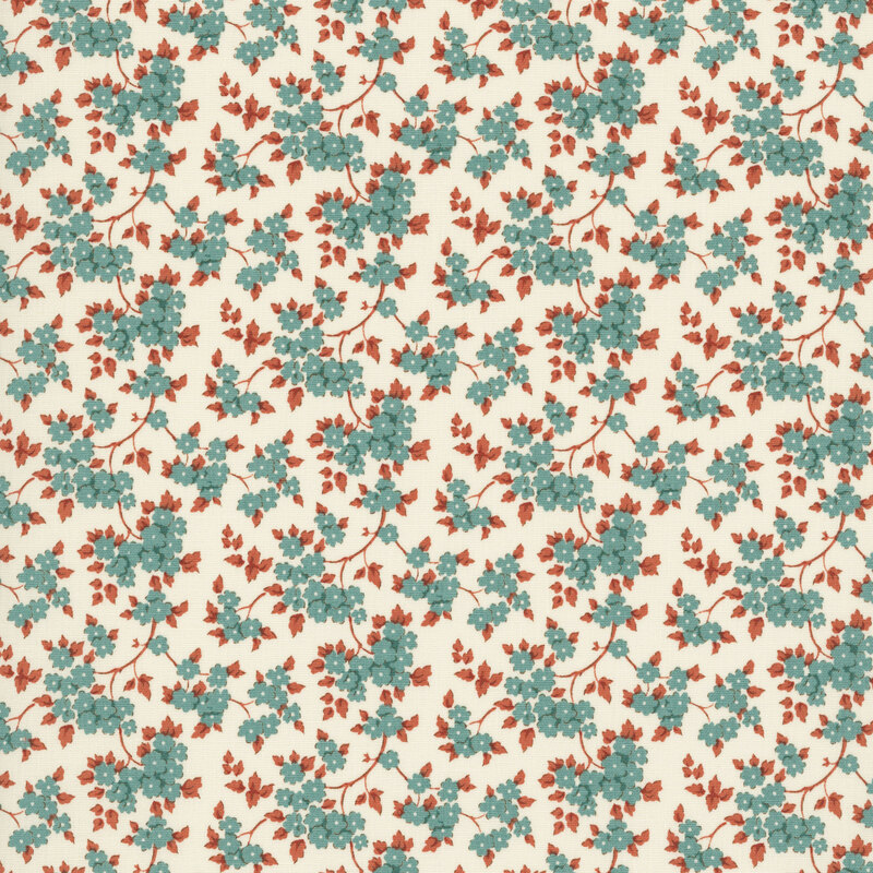 This white fabric features tossed teal flowers with rust leaves. 