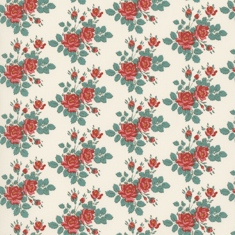 This white fabric features scattered rust red roses with faded teal leaves. 