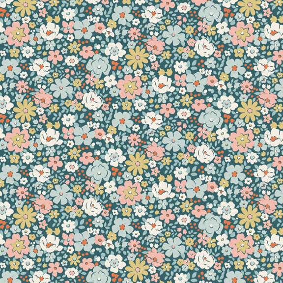 This teal fabric features packed florals in lovely shades of pink, teal, white, and ochre. 