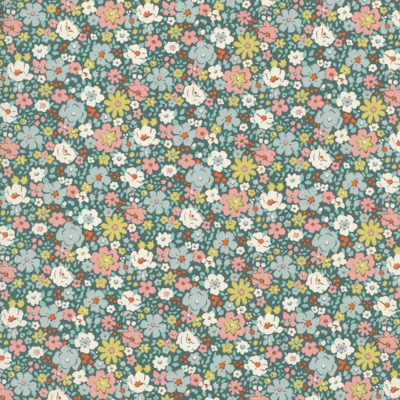 This teal fabric features packed florals in lovely shades of pink, teal, white, and ochre. 