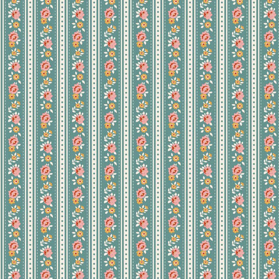 This teal and white striped fabric features rows of pink and ocher flowers. 