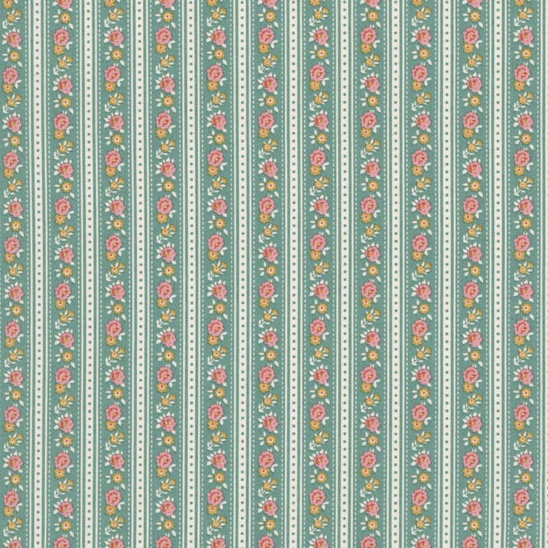 This teal and white striped fabric features rows of pink and ocher flowers. 
