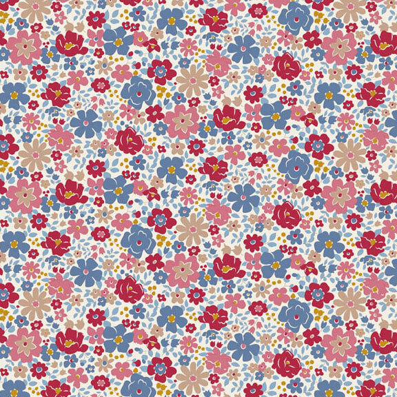 This cream fabric features packed florals in lovely shades of pink, teal, burgundy, beige, and ochre. 
