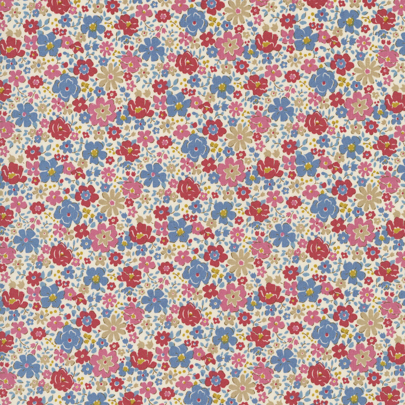 This cream fabric features packed florals in lovely shades of pink, teal, burgundy, beige, and ochre. 