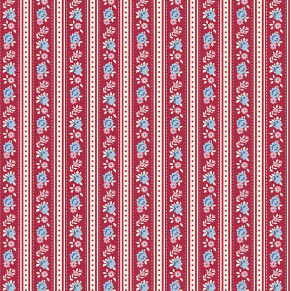 This burgundy and white striped fabric features rows of blue and pink flowers. 