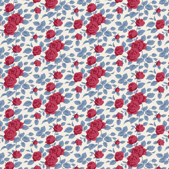 This white fabric features scattered burgundy roses with faded teal leaves. 