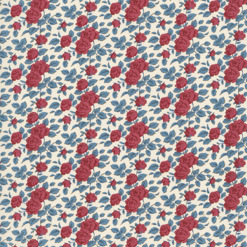 This white fabric features scattered burgundy roses with faded teal leaves. 