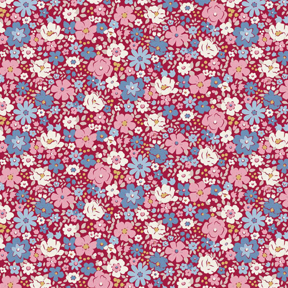 This burgundy fabric features packed florals in lovely shades of pink, teal, white, and ochre. 