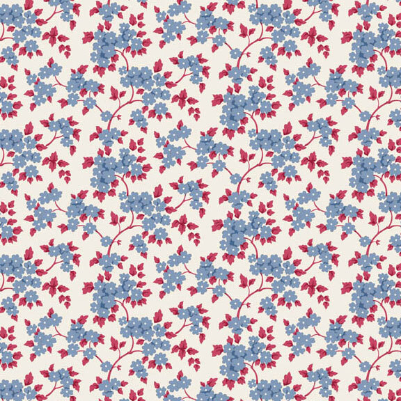 This white fabric features tossed blue flowers with burgundy leaves.