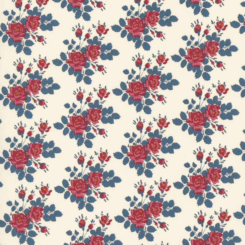 This white fabric features scattered burgundy roses with faded teal leaves. 
