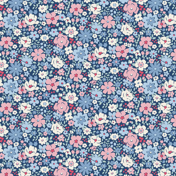 This blue fabric features packed florals in lovely shades of pink, teal, light blue, and burgundy.
