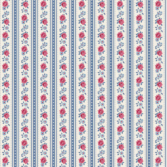 This white and blue striped fabric features rows of burgundy and light blue flowers. 