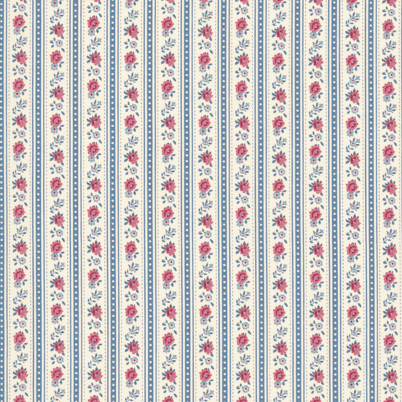 This white and blue striped fabric features rows of burgundy and light blue flowers. 