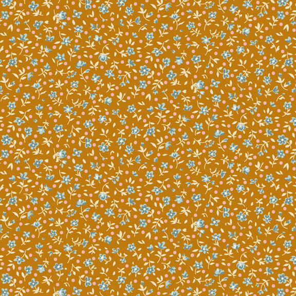 This ocher fabric features a ditsy print of blue flowers with pink dots. 