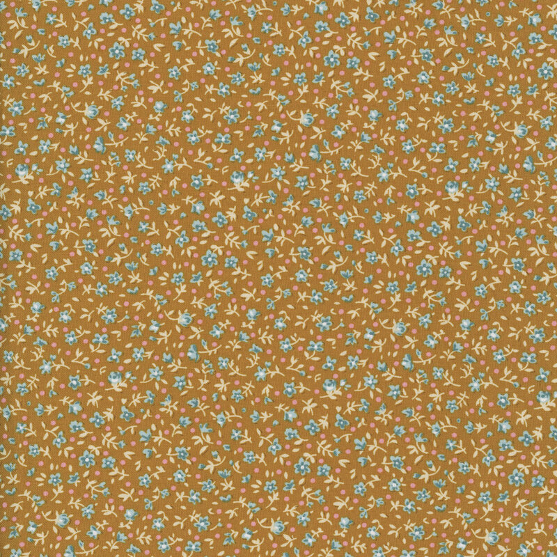 This ocher fabric features a ditsy print of blue flowers with pink dots. 