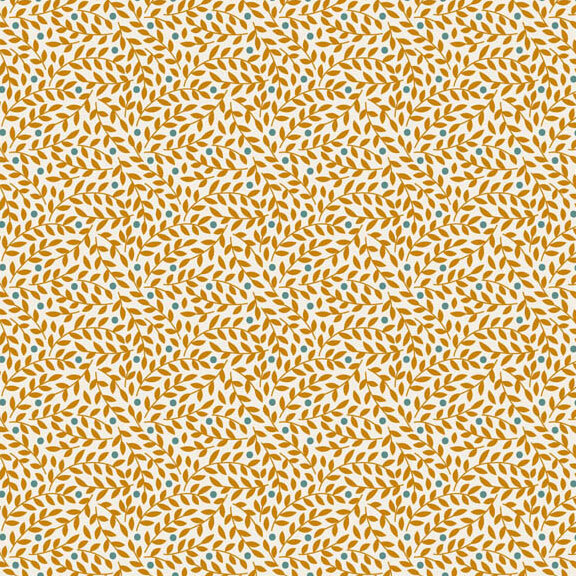 This white fabric features a prominent design of ocher leaves with blue dots. 