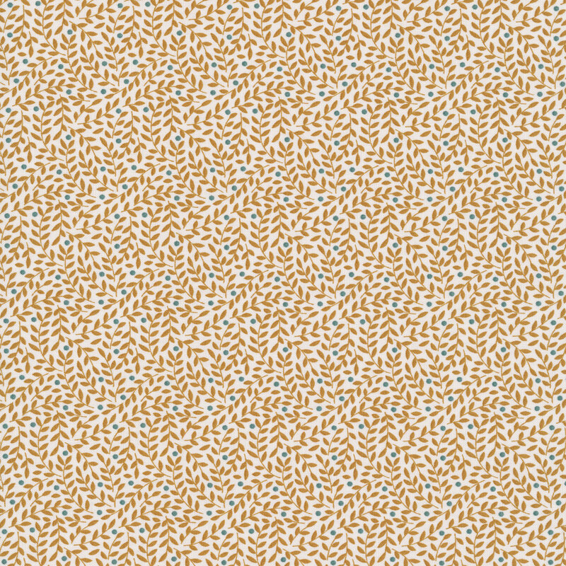 This white fabric features a prominent design of ocher leaves with blue dots. 