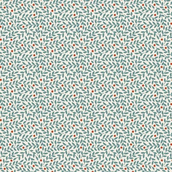This white fabric features a prominent design of teal leaves with rust red dots. 