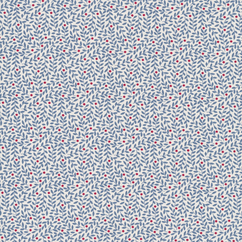 This white fabric features a prominent design of teal leaves with rust red dots. 