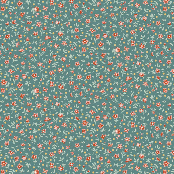 This teal fabric features a ditsy print of rust red flowers with ocher dots.