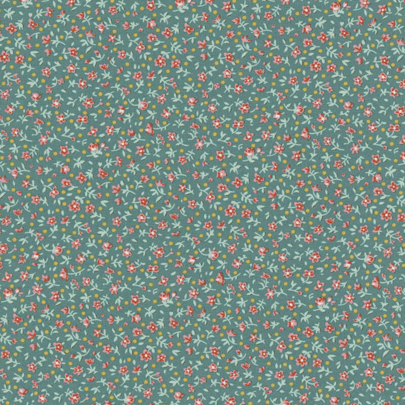 This teal fabric features a ditsy print of rust red flowers with ocher dots.