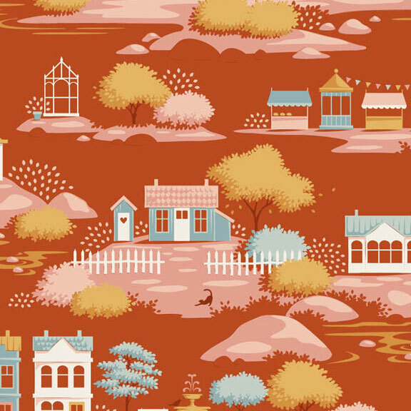 This rust orange fabric features a toile scene of a neighborhood complete with cute little houses, ponds, market stands, and blooming trees. 