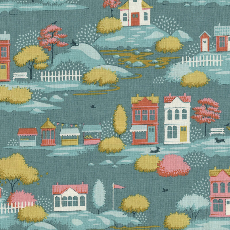 This teal fabric features a toile scene of a neighborhood complete with cute little houses, ponds, market stands, and blooming trees. 