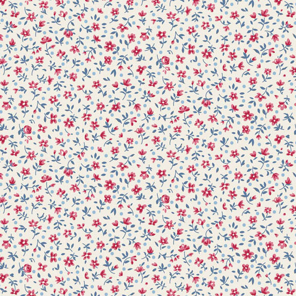 This white fabric features a ditsy print of burgundy flowers with teal dots.